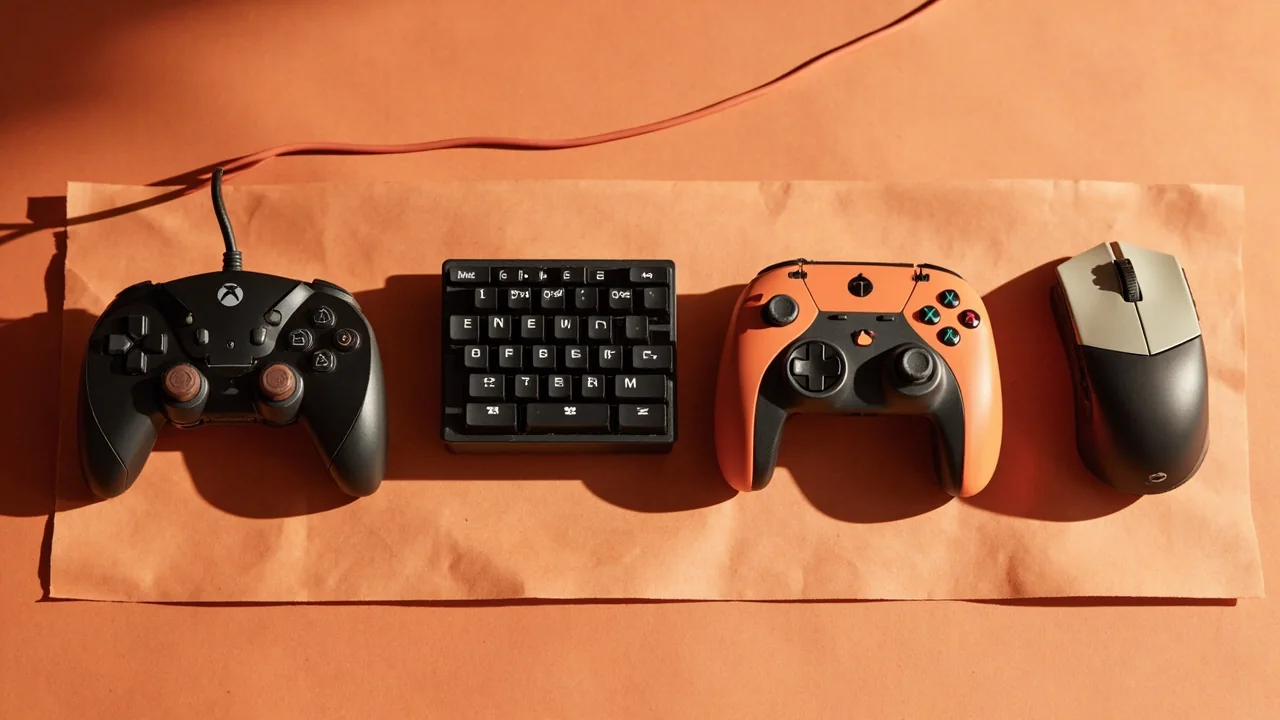 Wide photograph of the egame games desk with four controllers and keyboards lined up