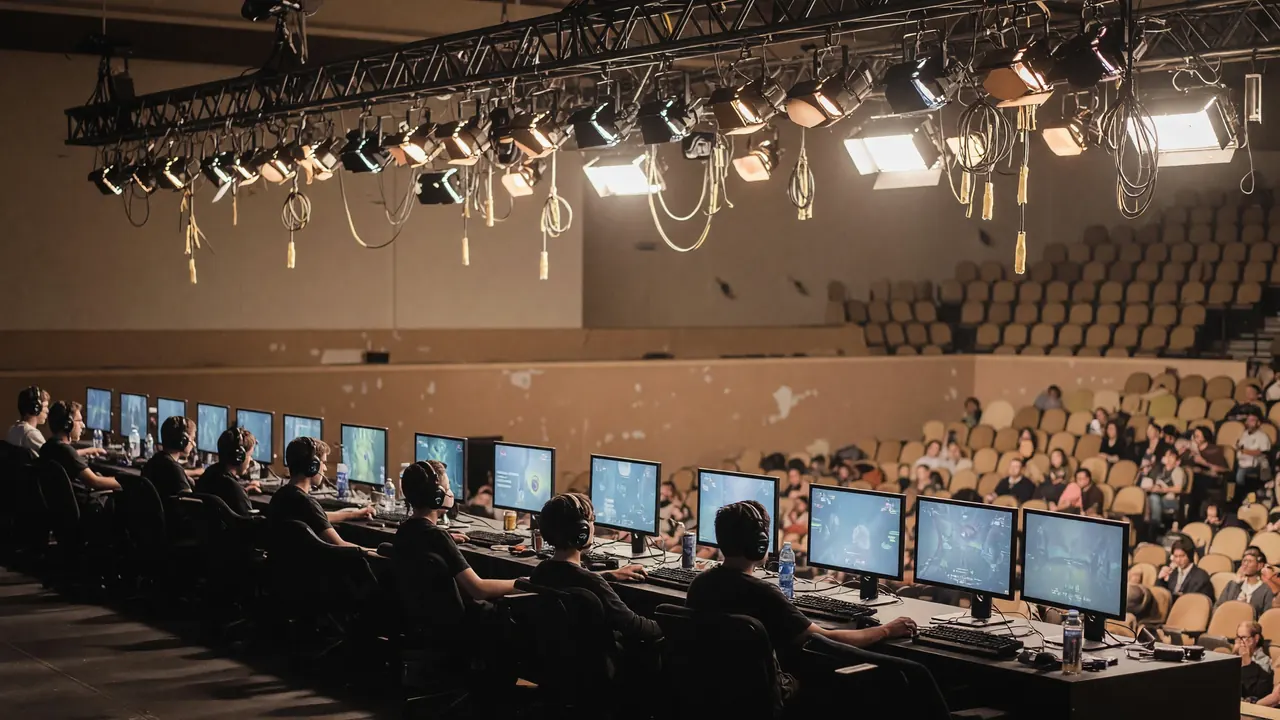 Wide documentary photograph of an esports tournament stage with a bracket screen on the centre display