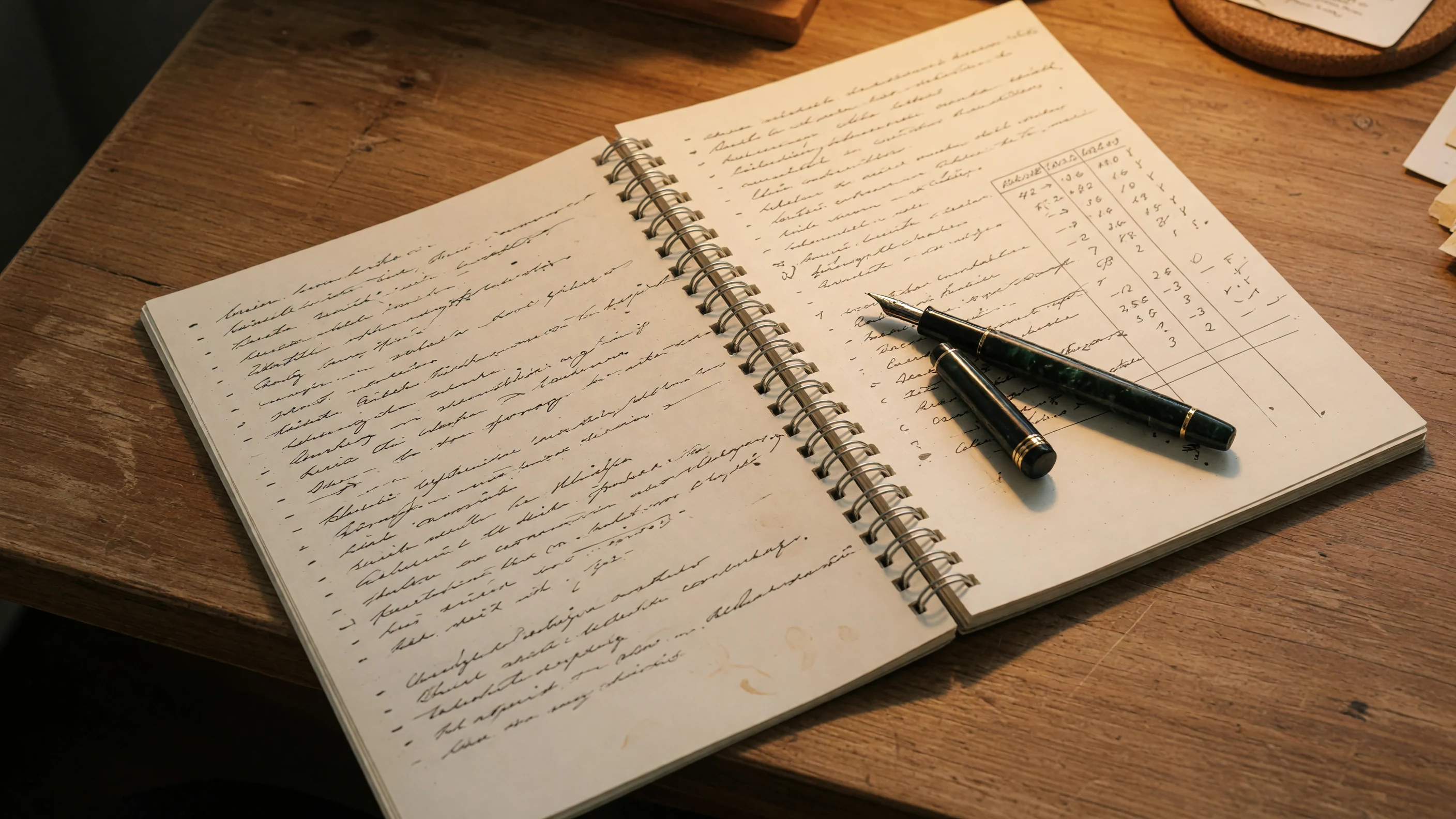 Wide editorial photograph of an open notebook with hand-written tactical notes beside a keyboard