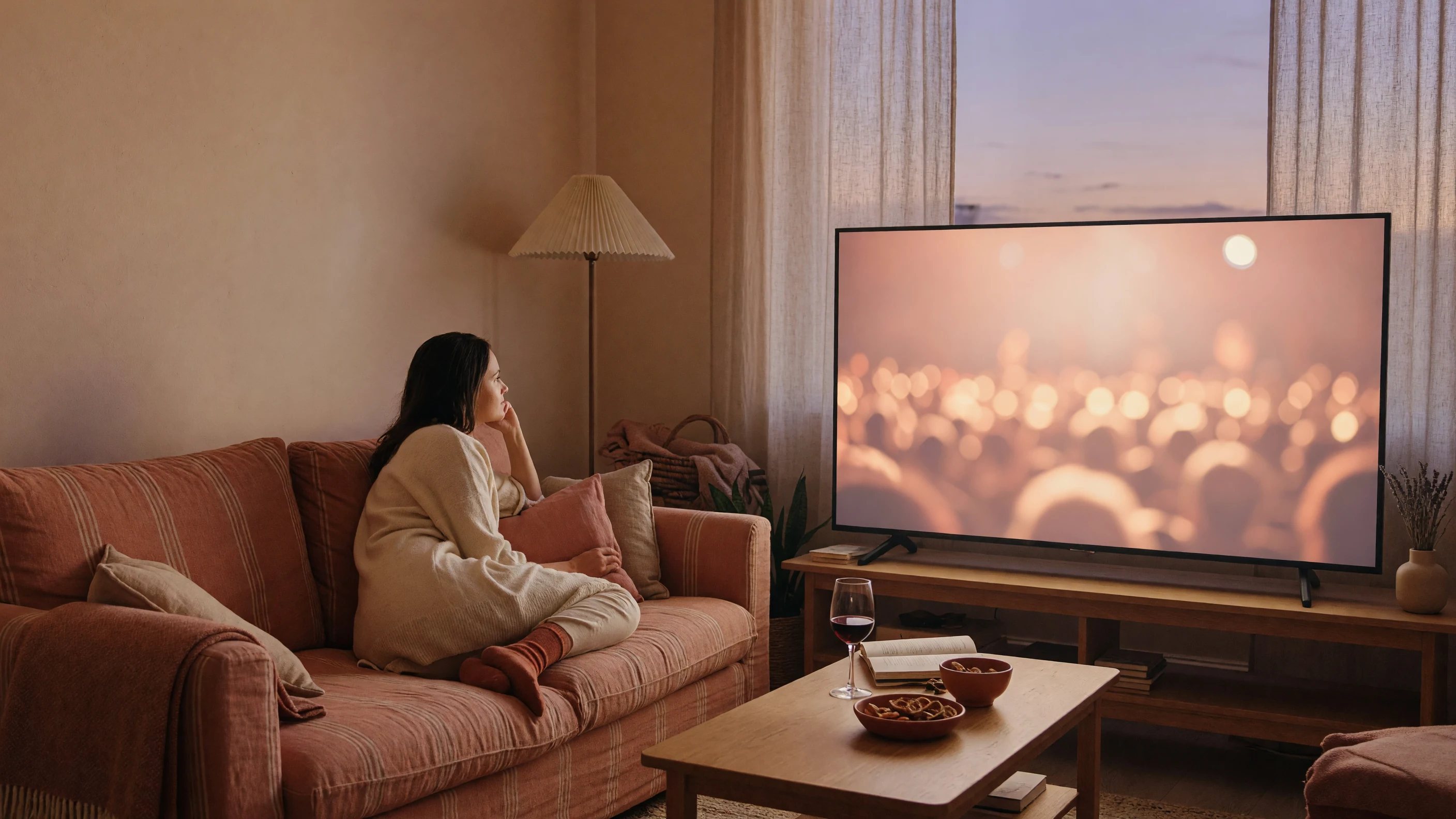 Wide editorial photograph of a modern living-room home viewing setup for a couch audience
