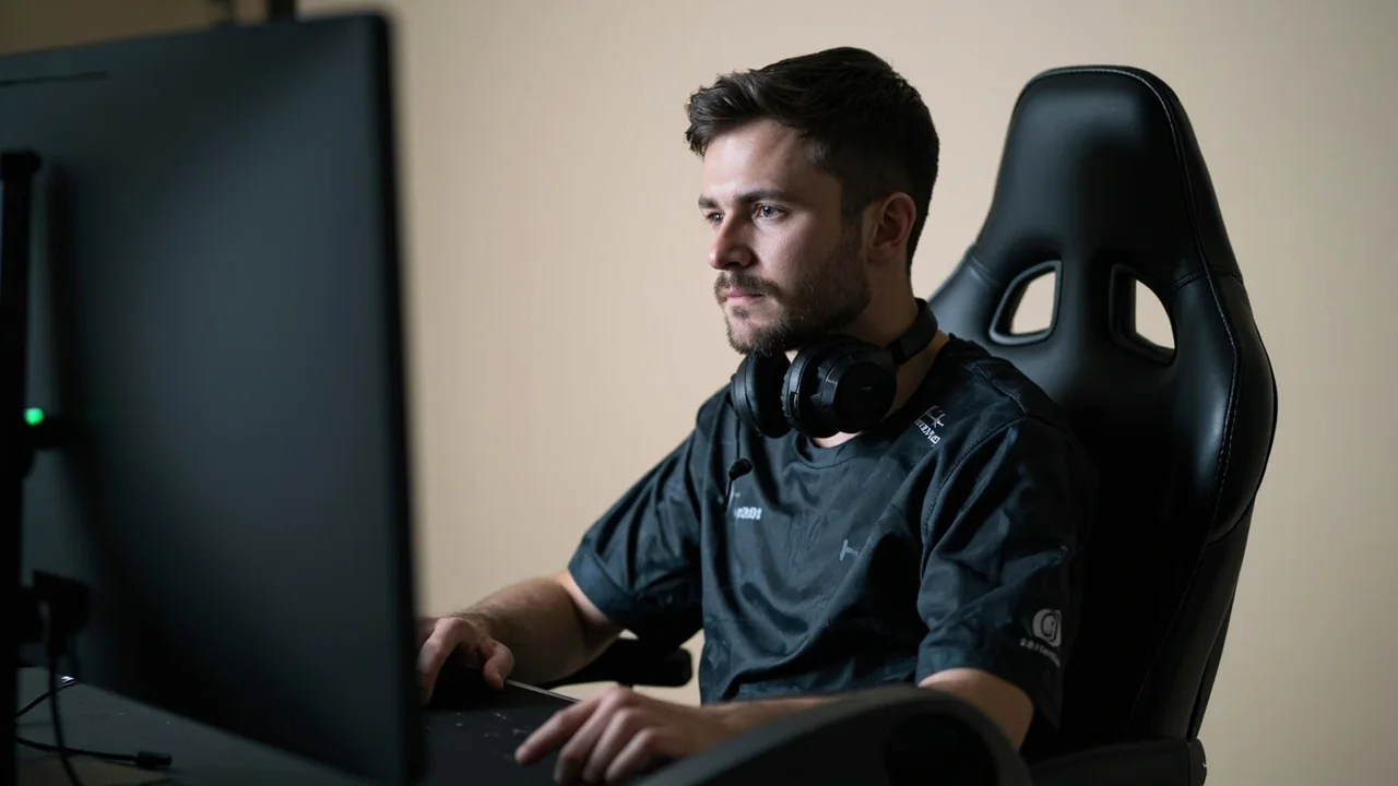 A wide editorial photograph of an esports player at a desk with a keyboard and monitor arranged for player dossier reviews