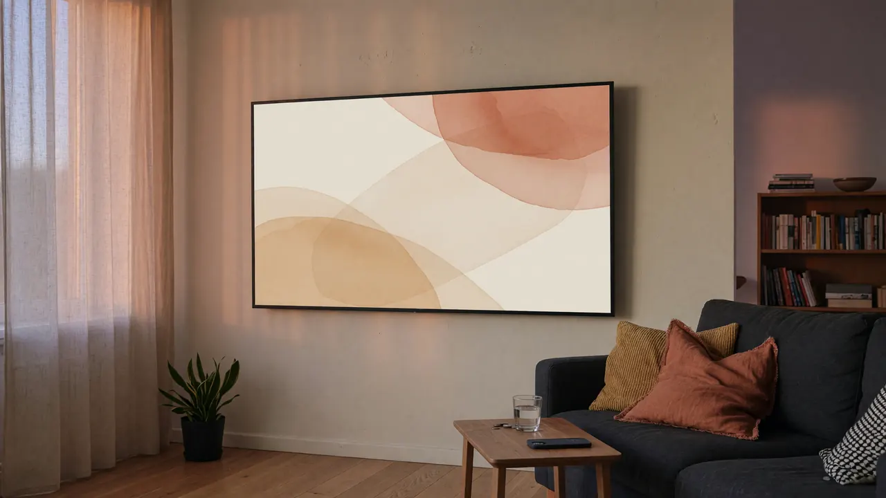 Editorial photograph of a modern living-room TV setup with a phone on a side table beside a couch