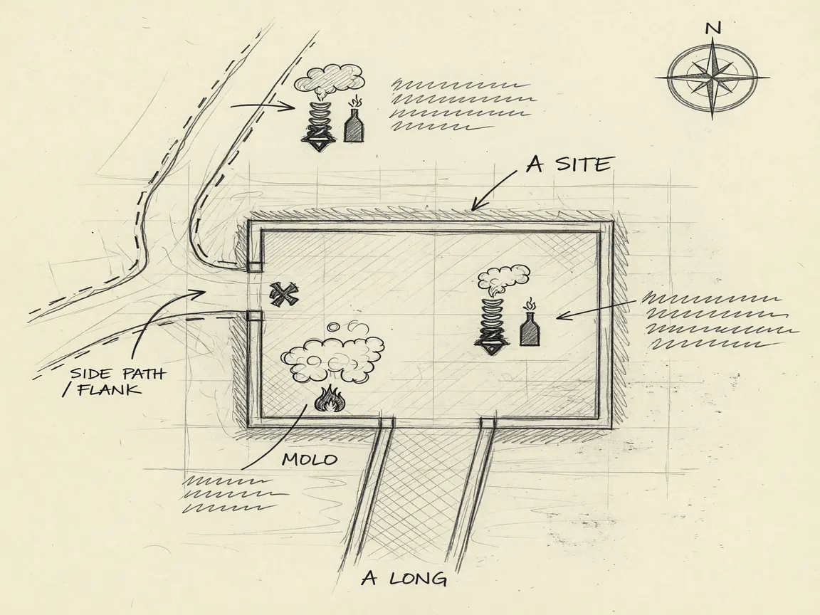 Pencil sketch of an FPS site utility map for the patch 2.13 retake playbook