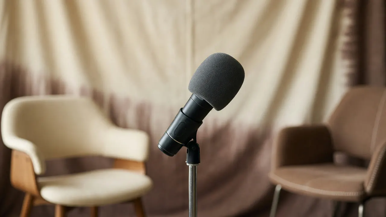 Editorial photograph of a press-area microphone on a stand with a soft interview backdrop