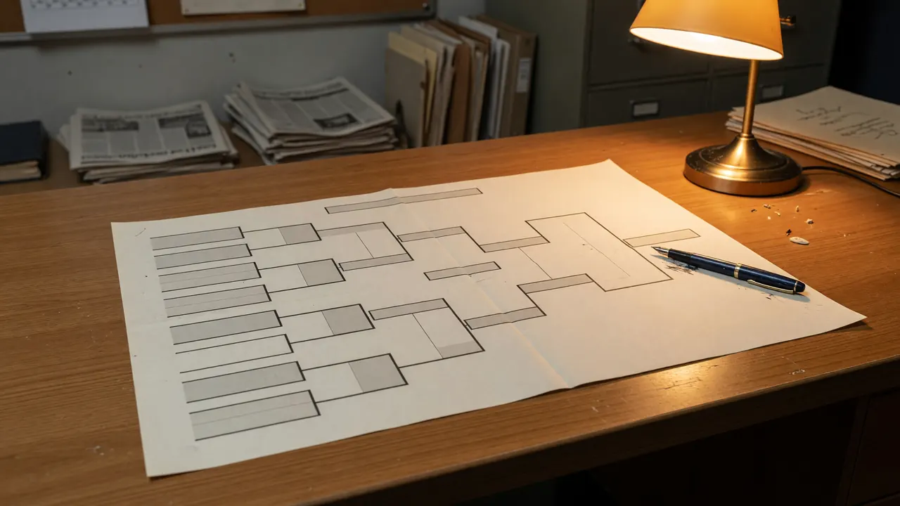 Wide editorial desk with a printed bracket spread showing clean abstract team slots