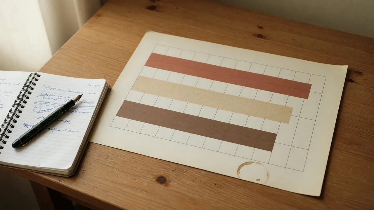 Editorial photograph of a printed defensive-meter infographic on cream paper beside a notebook