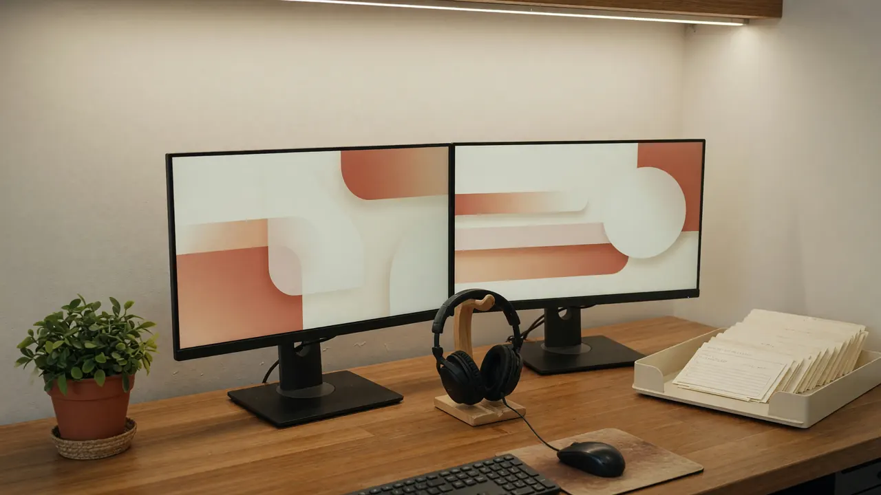 Editorial photograph of a customer-support desk with dual monitors and a small potted plant