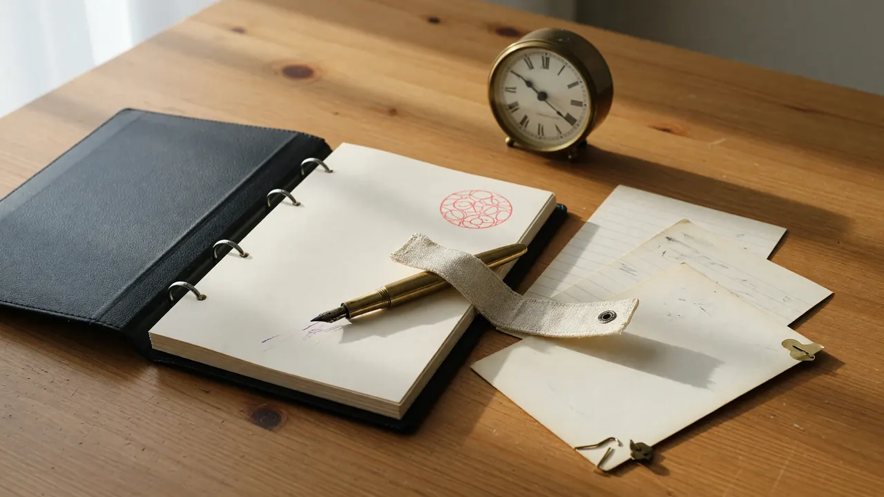 Open ring-bound ledger on a wooden desk with a fountain pen resting on a closure-page tab