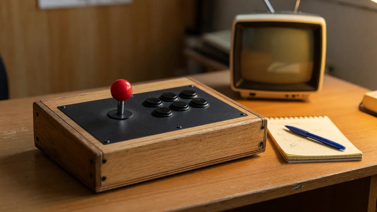 Editorial photograph of a fighting game arcade stick on a wooden desk