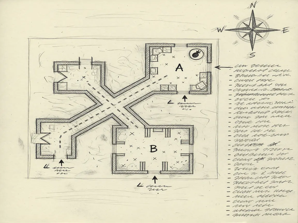 Pencil-on-cream-paper sketch of an FPS arena map with two sites A and B and side rooms
