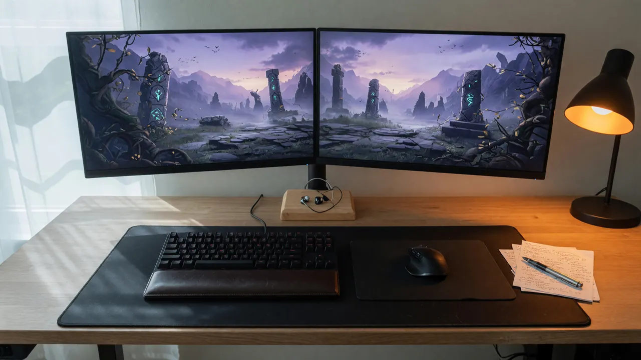 Editorial photograph of a single MOBA practice station with dual monitors and a wide mousepad