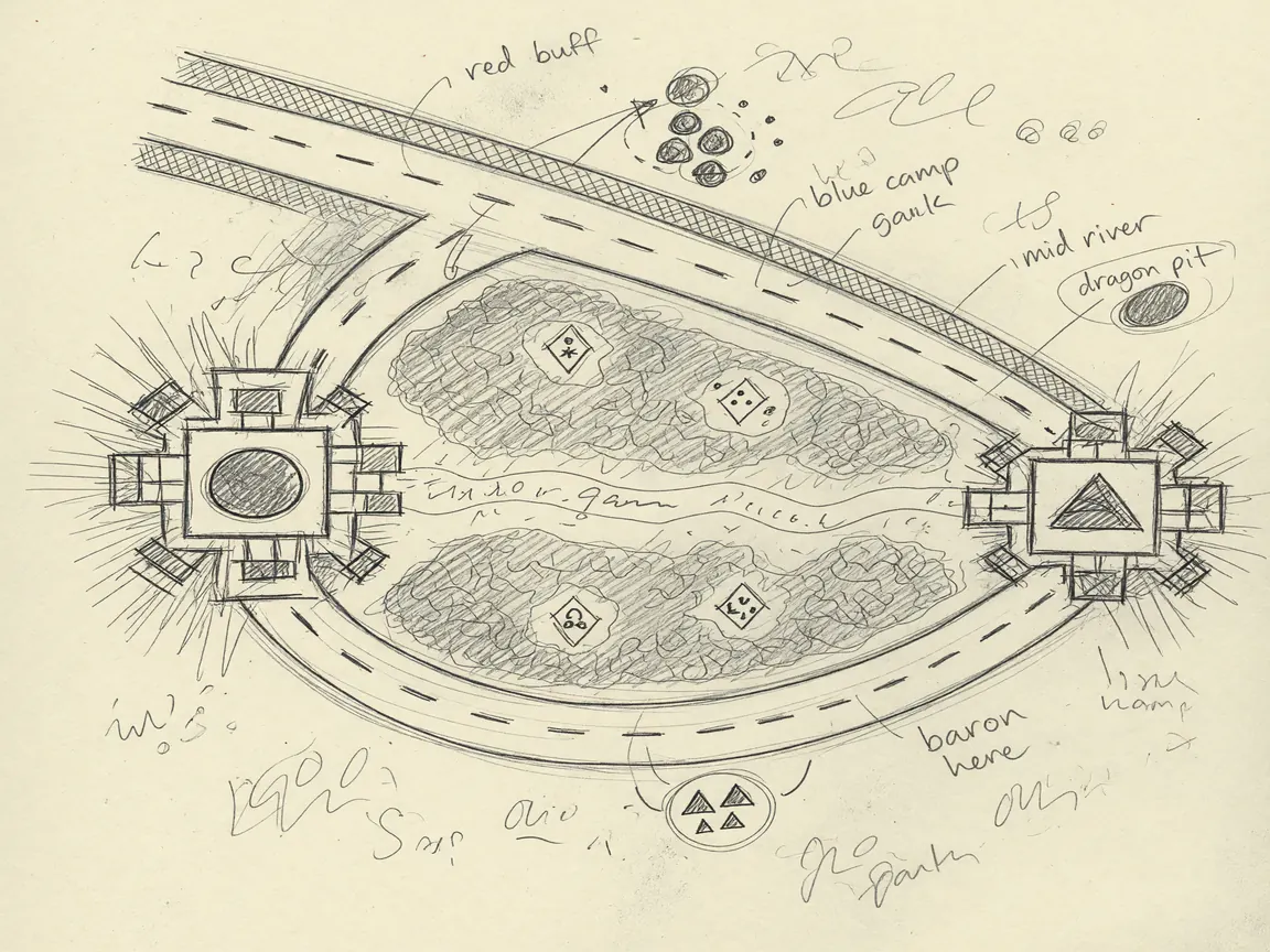 Pencil sketch of a MOBA three-lane map with neutral jungle camps and two base structures