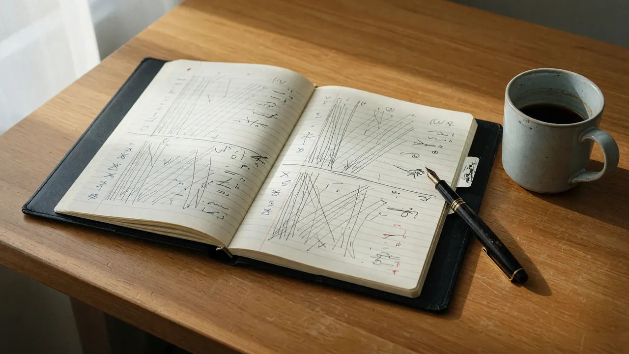 Editorial photograph of a small printed patch-tracker binder open on a desk with a fountain pen