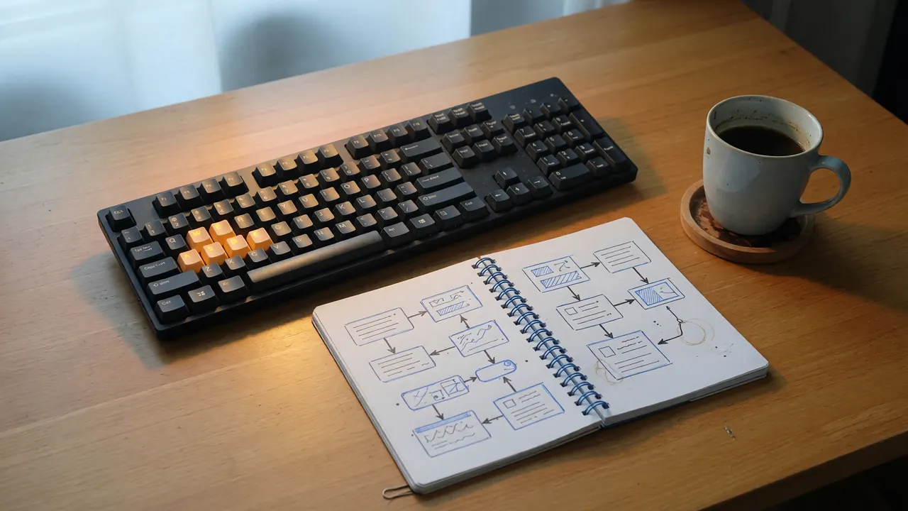 Editorial photograph of a beginner onboarding desk with a mechanical keyboard and a hand-drawn onboarding flow notebook