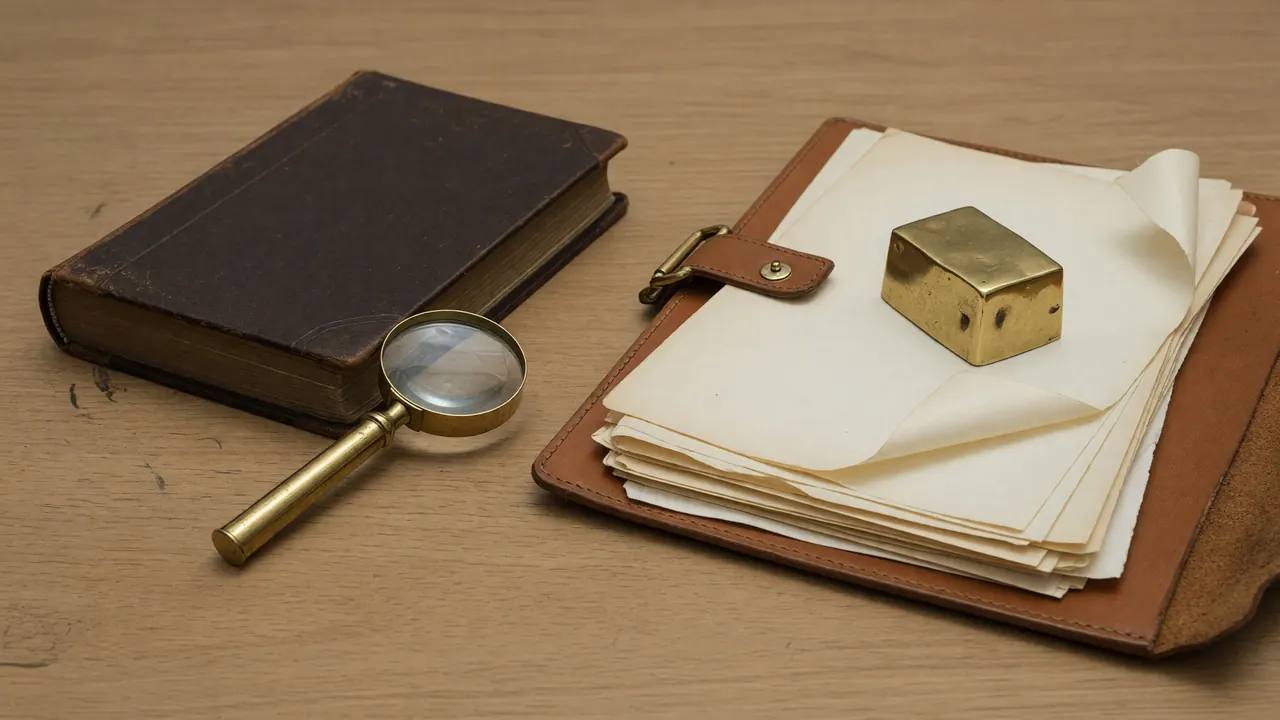 Editorial photograph of a closed compliance reference book beside a magnifying loupe on a wooden desk