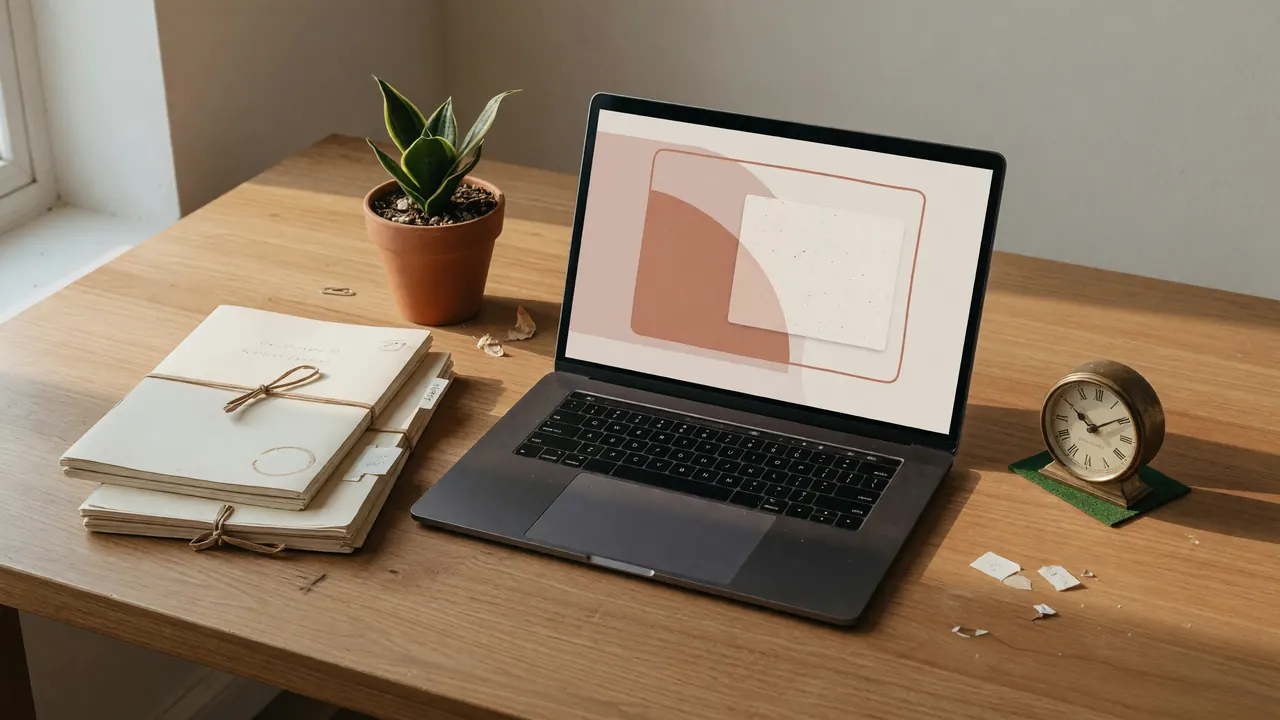 Editorial photograph of a wide editorial desk with a laptop showing a clean welcome card