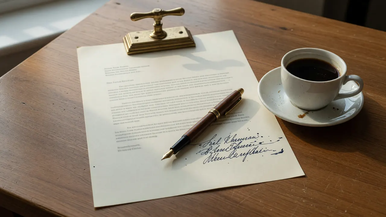 Editorial photograph of a single-page signed editorial statement on cream paper weighted by a brass paperweight