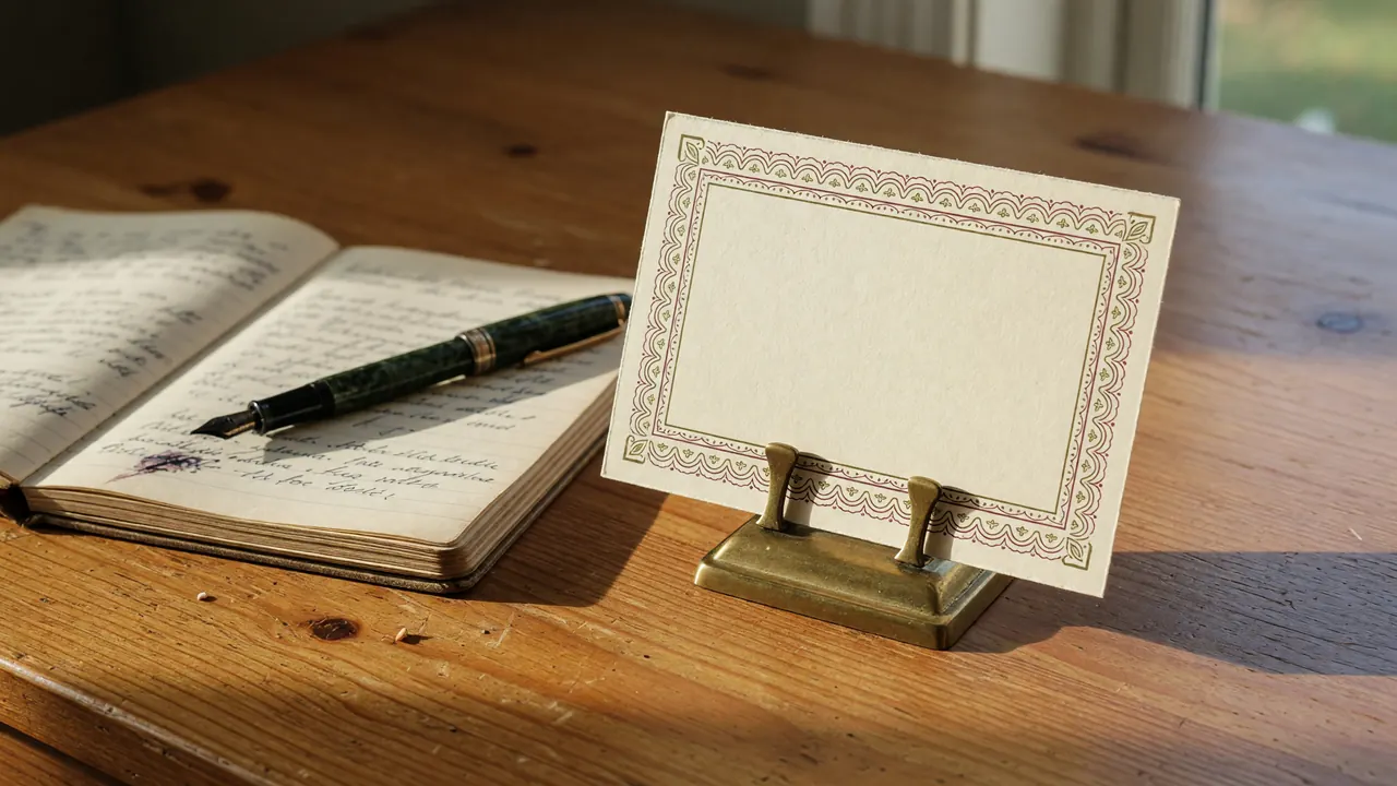 Editorial photograph of a small printed referral programme card leaning against a brass holder