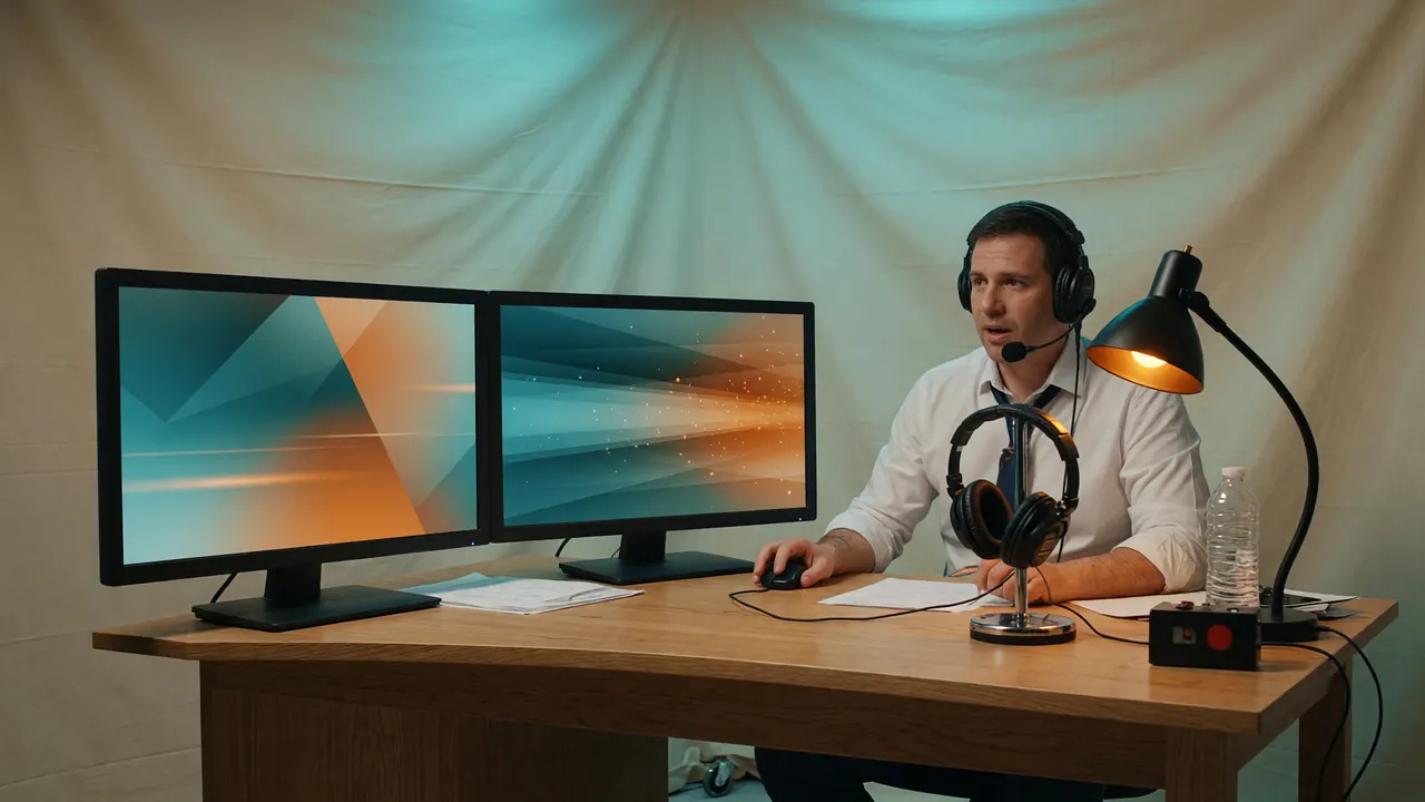 Editorial photograph of an Americas-style broadcast booth with a caster desk and two monitors