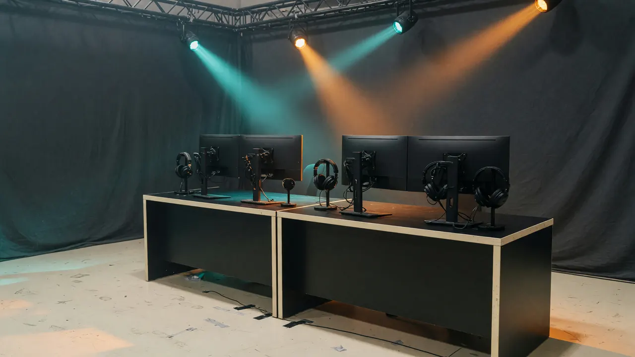 Editorial photograph of an empty mid-tier EMEA esports arena with two caster desks at center stage