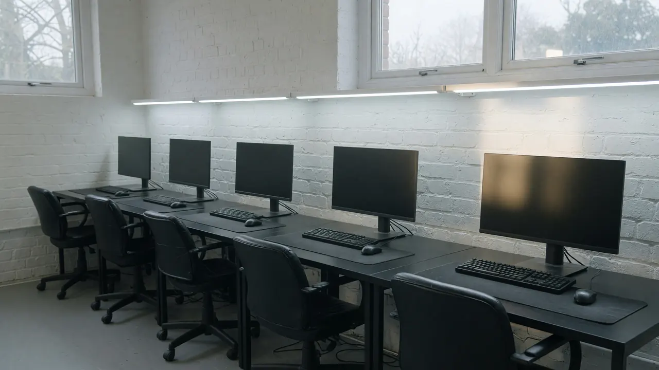 Editorial photograph of an empty five-station bootcamp setup with five aligned desks