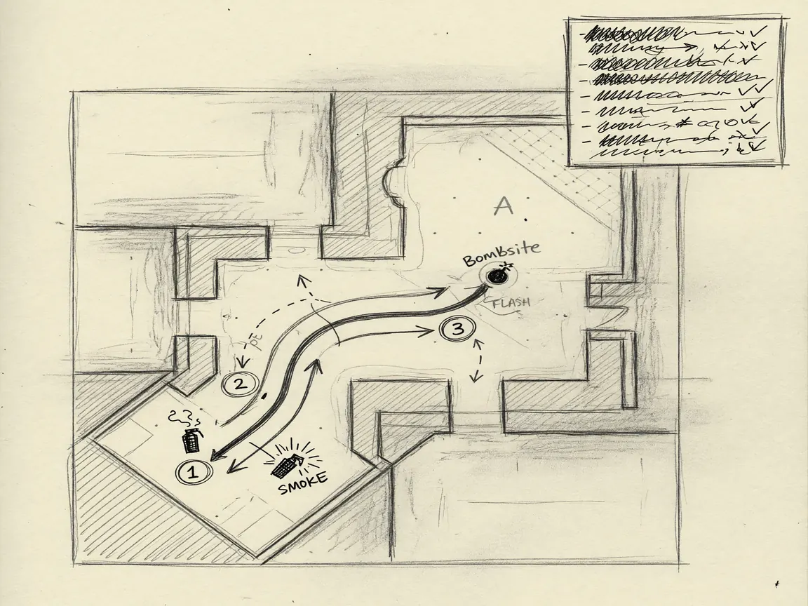 Pencil sketch of an FPS retake playbook with three numbered A-site steps