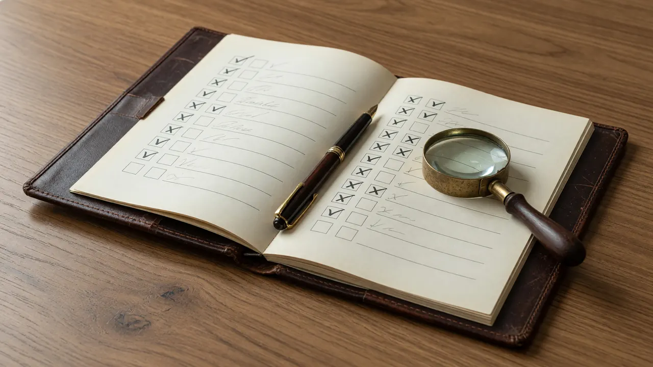 Editorial photograph of an open dossier showing a verification checklist beside a brass magnifying loupe